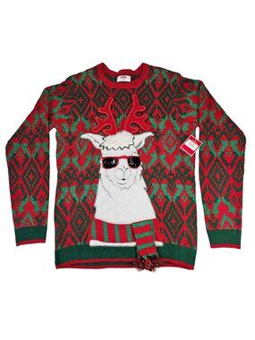 Holiday Time 3D Plush Llama Double Sided Ugly Christmas Sweater Size M Red/Green